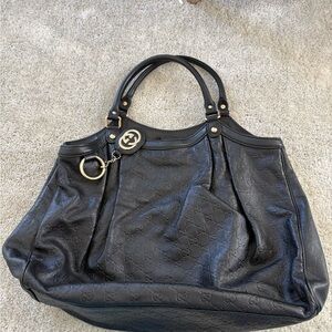 Gucci Black Leather Embossed Tote with Gold Charm